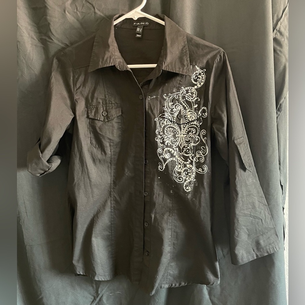 FANG Black Shirt with White Fleur-de-Lis Scroll Print